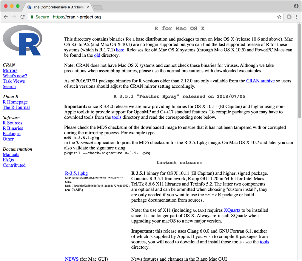 Pagina del CRAN da cui scaricare la versione di R per Mac.