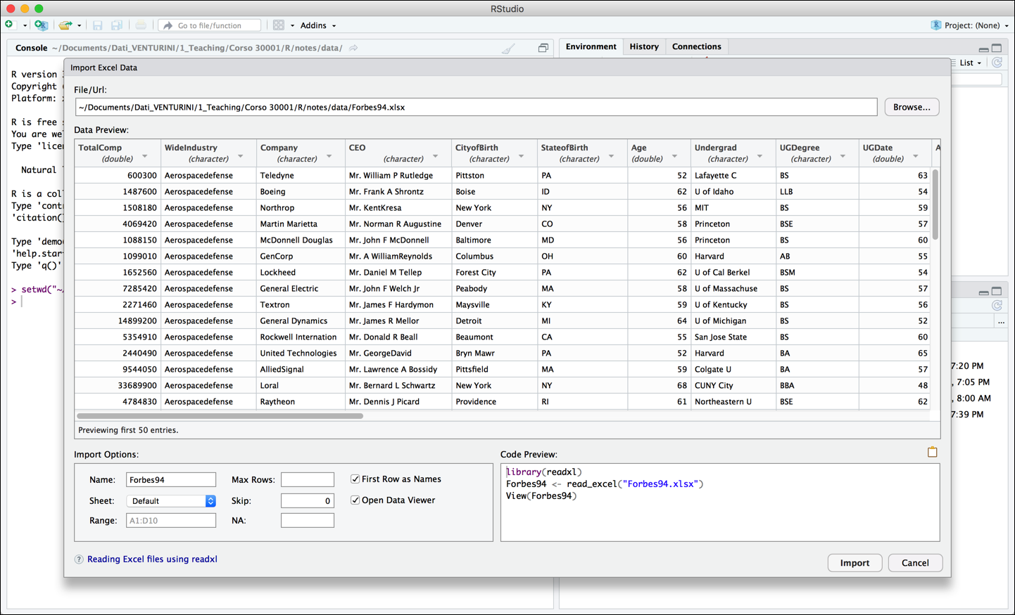 Schermata di importazione di un file Excel in RStudio.