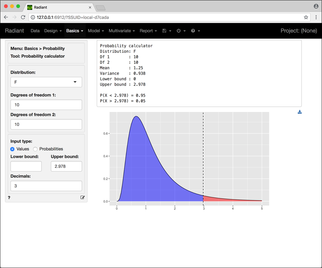 Schermata Radiant per il calcolo di probabilità relative a una variabile aleatoria $F$.