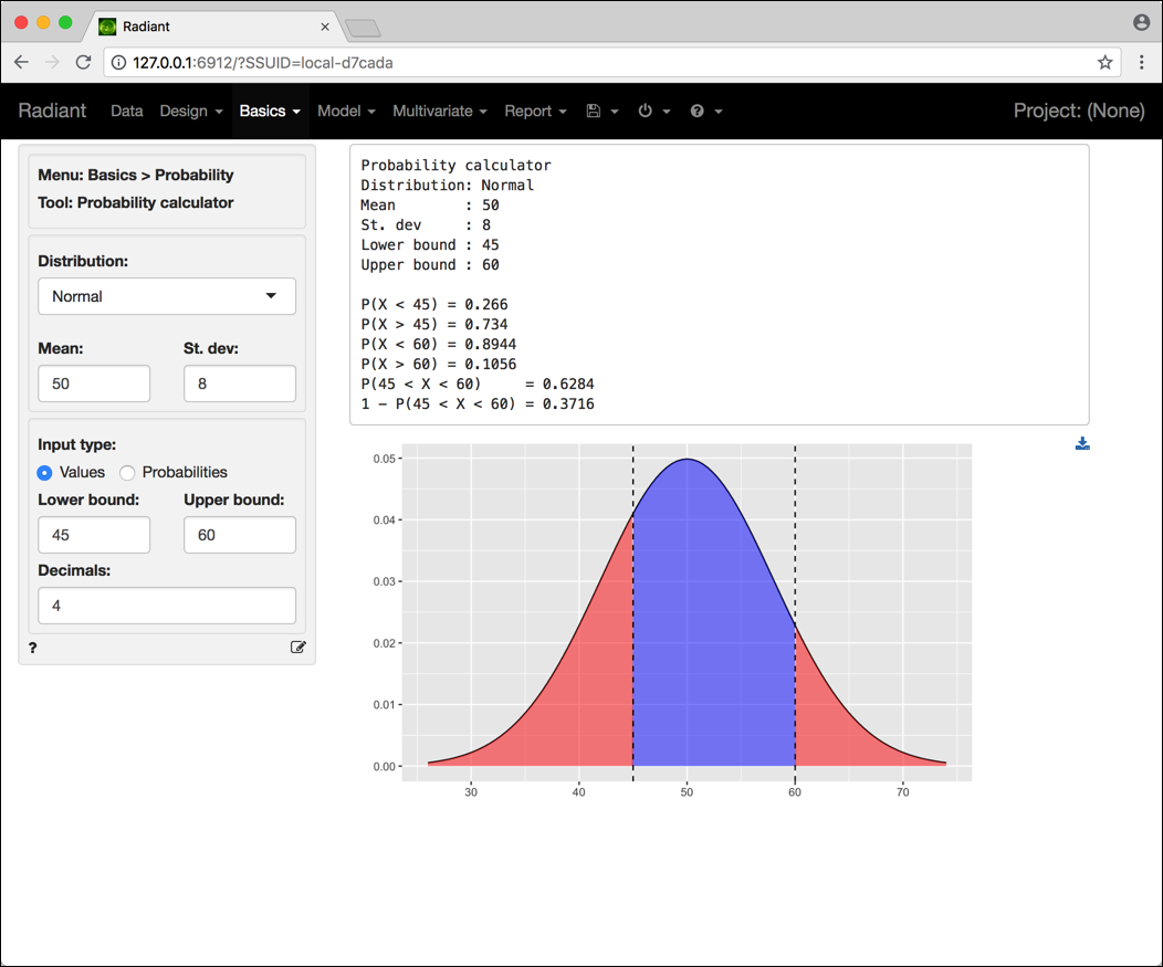 Schermata Radiant per il calcolo di probabilità relative a una variabile aleatoria normale.