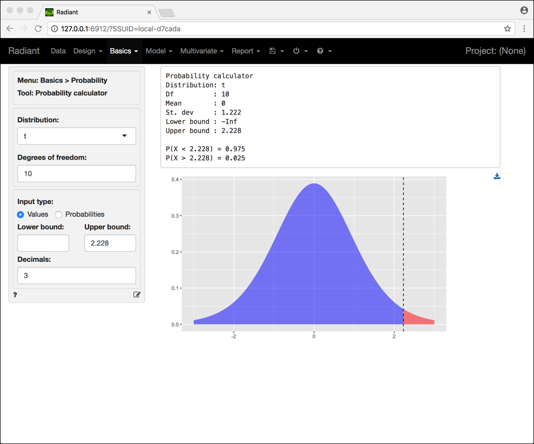 Schermata Radiant per il calcolo di probabilità relative a una variabile aleatoria $t$.